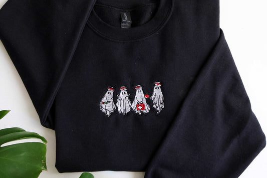 Halloween Nurse Ghost Sweatshirt – Embroidered Spooky Crewneck