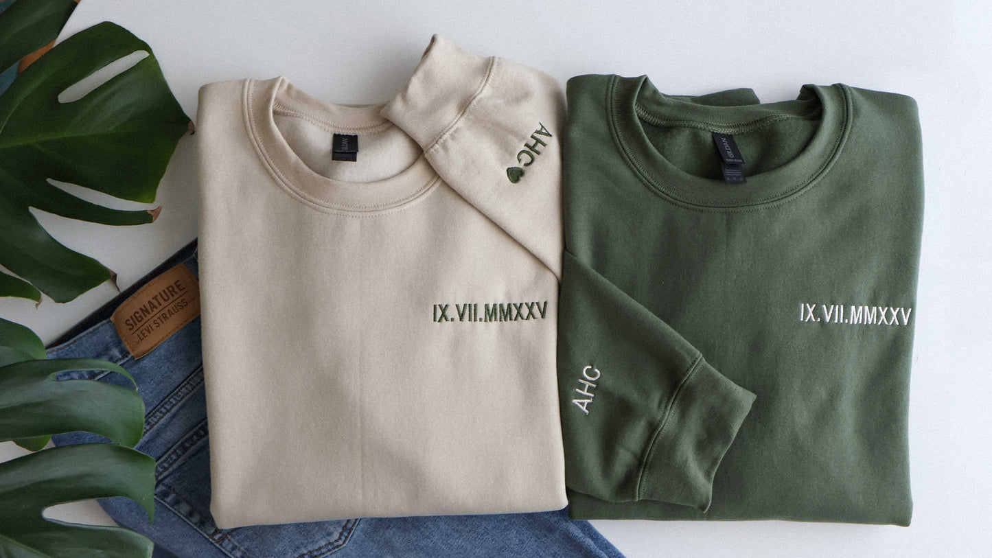 Roman Numeral Embroidered Sweatshirt and Hoodie
