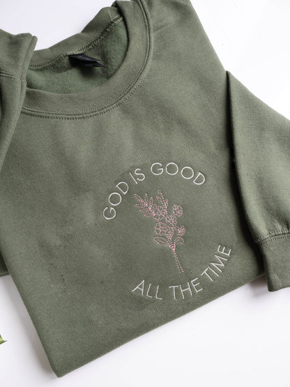 God Is Good Floral Embroidered Hoodie or Sweatshirt with Custom Bible Verse Sleeve